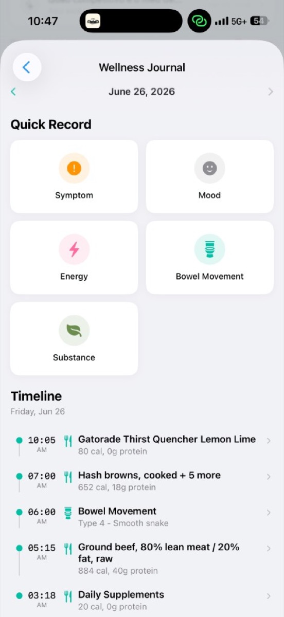 StatsKey Wellness Journal — Bristol-scale bowel movements, symptoms, mood, and energy on one timeline